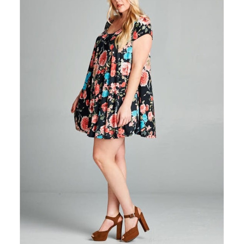 Plus Black Floral Babydoll Swing Tunic Mini Dress - Picture 3 of 6